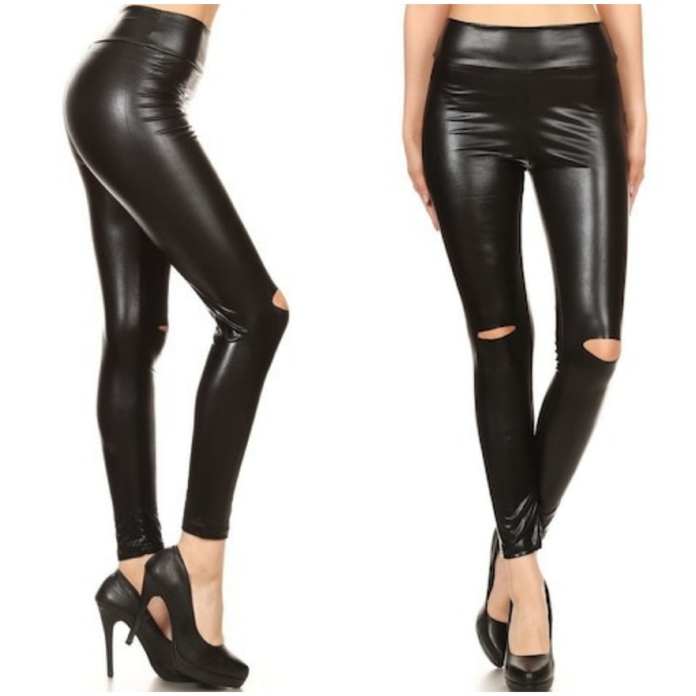 Vegan Leather High Waist Knee Slit Leggings